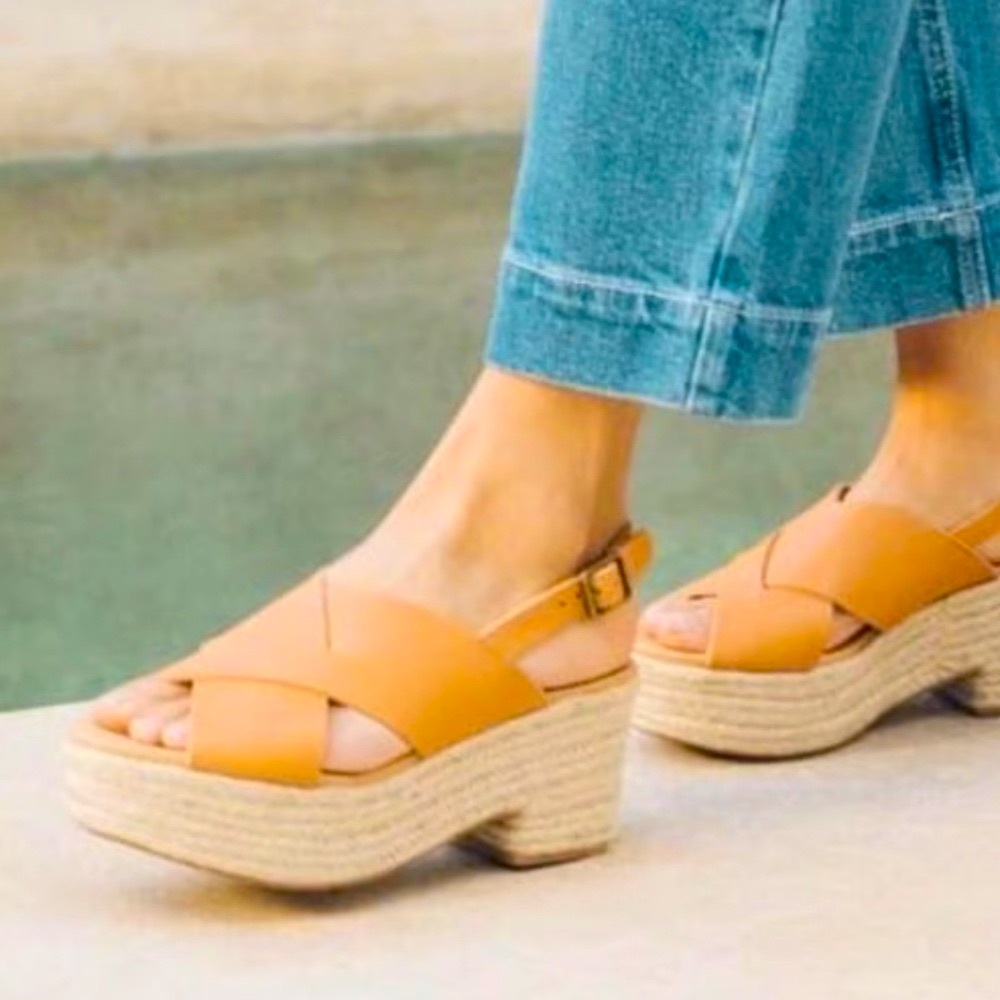Soludos Amalfi Espadrille Flatform Sandals Ankle Strap Tan Leather